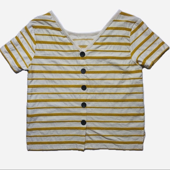 Mustard Embroidered striped wooden button tee - Picture 1 of 5